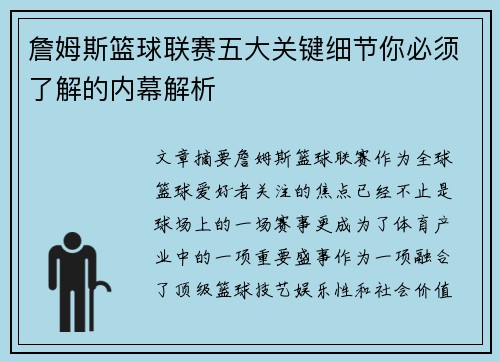 詹姆斯篮球联赛五大关键细节你必须了解的内幕解析